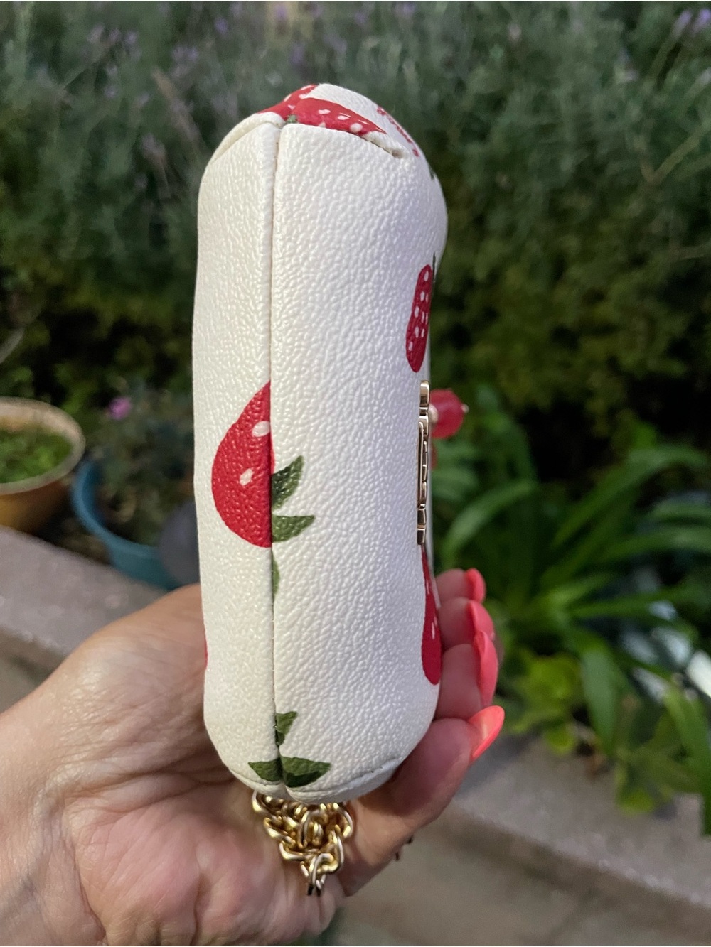 Coach Cream Mini Frame Bag with Red Strawberry Print and Gold Chain - Picture 7 of 11